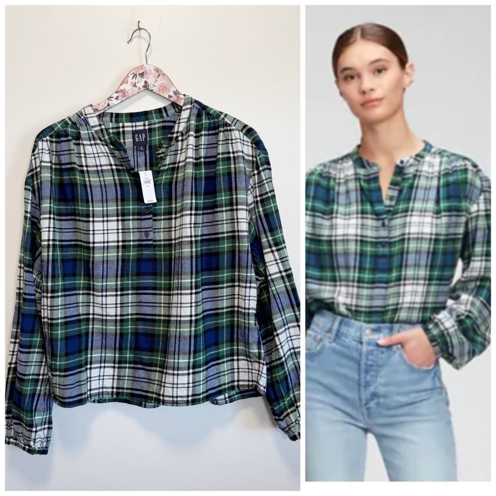 NWT GAP Shirred Henley Popover Blouse Top  Shirt Green Blue Plaid M Medium